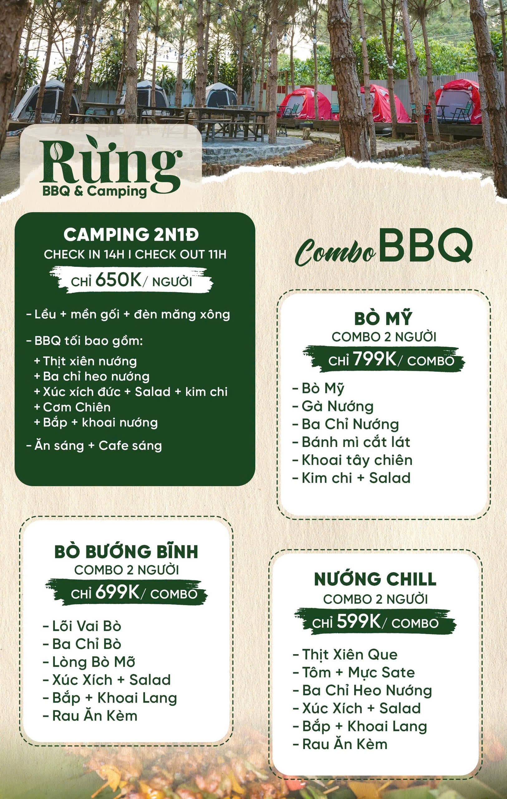 Poster thực đơn BBQ và camping tại Rừng Coffee