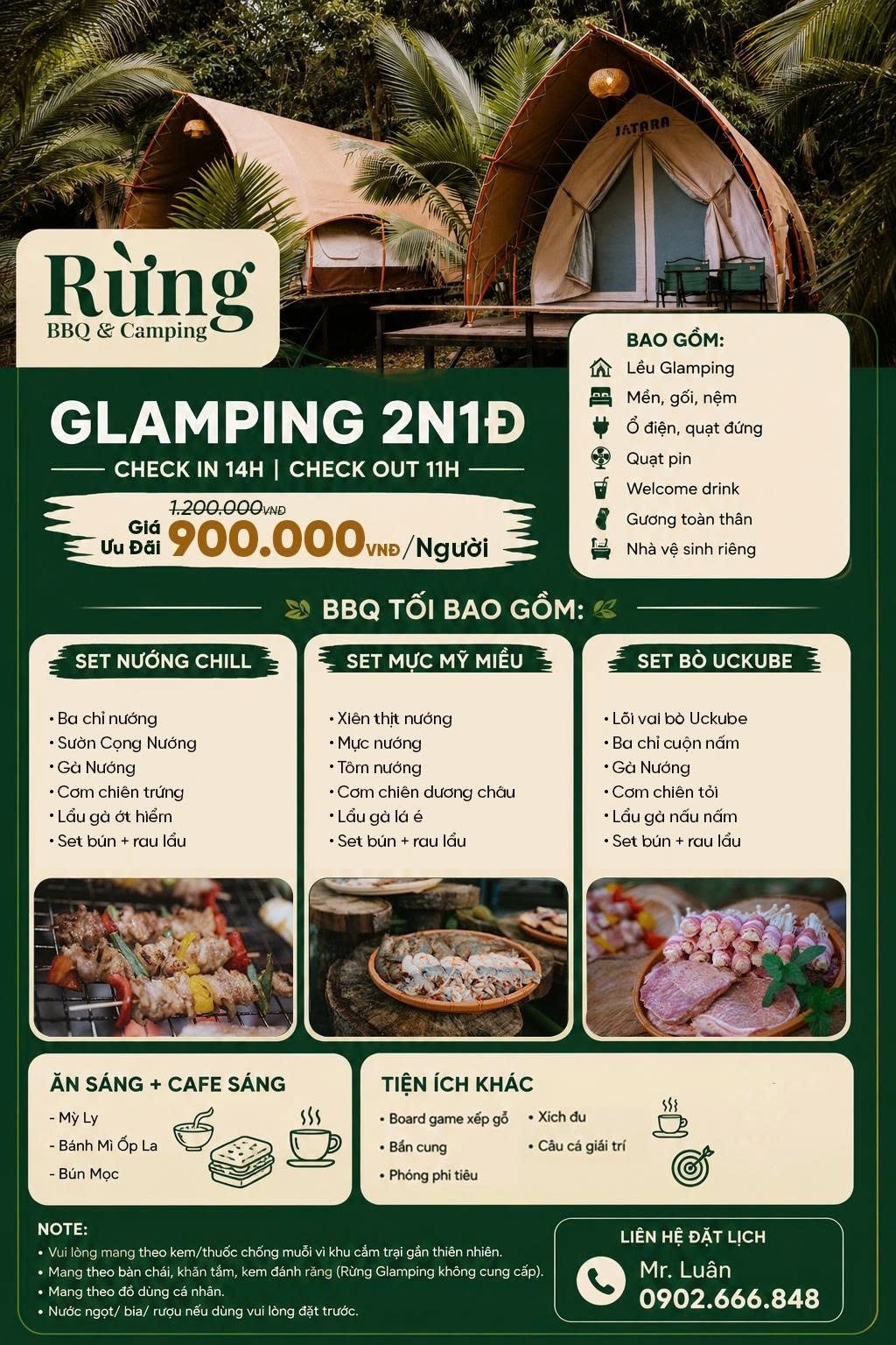 Poster thực đơn Glamping 2 ngày 1 đêm, giá ưu đãi 900.000 đồng một người